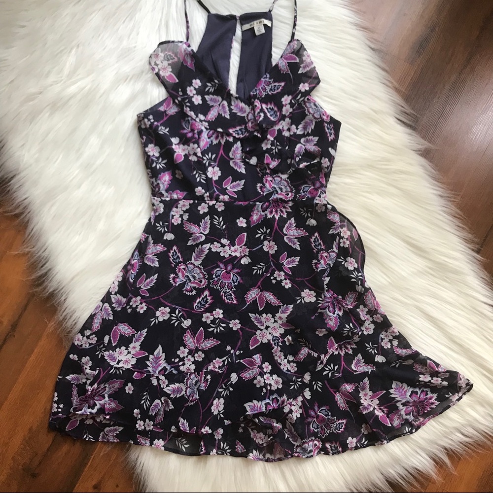 miami Black Floral Dress with Purple and White Accents